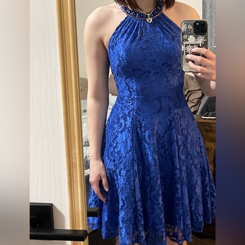 Blue Lacey, Halter, Open Back Dress